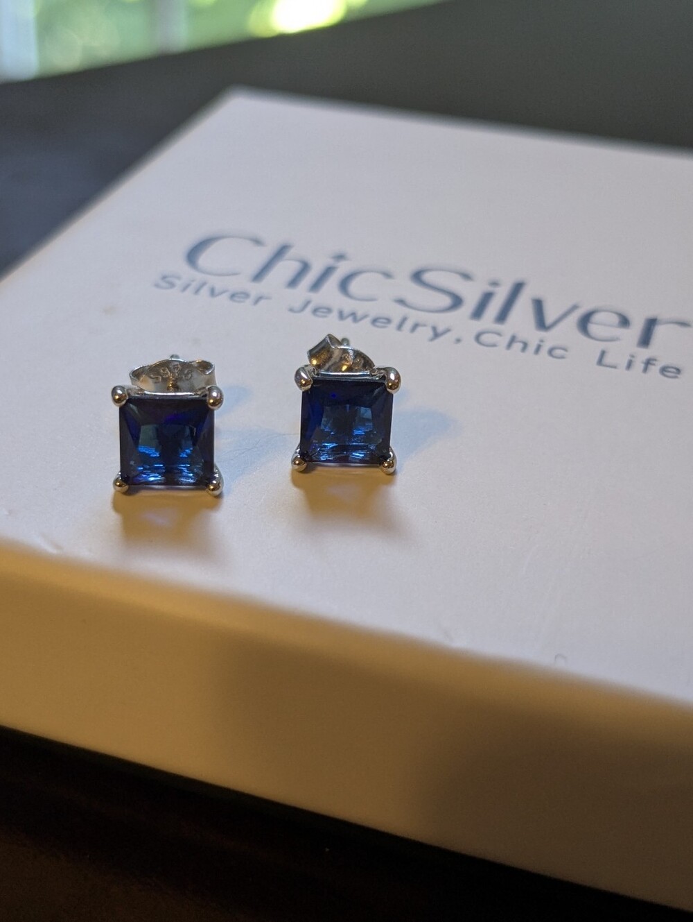 ChicSilver Amazon Blue Square Stud  Sterling Cubic Zirconia Stud Earrings